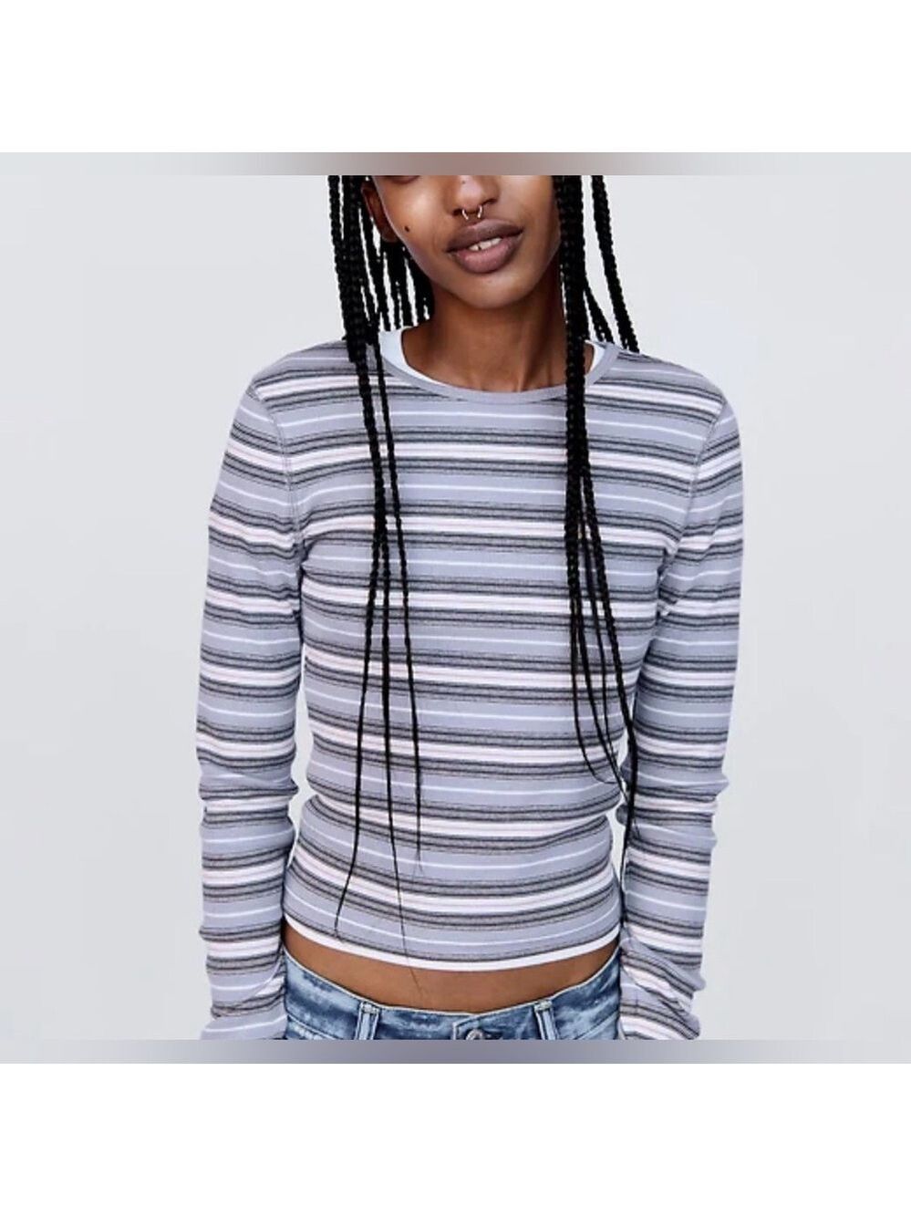 Northern Reflections. Striped Crewneck Blue and White Long Sleeve Textured Top